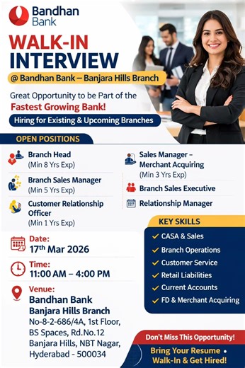Bandhan Bank Walk-in Drive Hyderabad | Multiple Banking Jobs | 30 Vacancies | #job #walkininterview