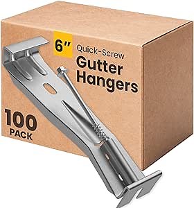 Quick-Screw 6" Gutter Hangers - Heavy Duty Hidden Gutter Brackets with Pre-Assembled Inserted Gutter Screws - Rain Gutter Parts and Accessories to Fix or Repair Sagging Rain Gutters (100 Count)