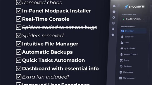 Introducing the Shockbyte Control Panel 2.0. Perfected over a year of hard work and community feedback! ✅Improved Instances - Smoother than ever! ✅One-click Modpack Installer with 2k modpacks! ✅Dashboard - Cleaned up & Leveled Up! ...and much more! 🔗shockbyte.com/deals/panel-update | Shockbyte