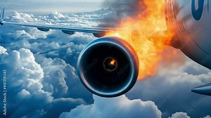 Flying aircraft with exploding engine just before air crash, A airplane on fire on a blue sky