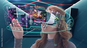 Young attractive Asian female uses futuristic virtual reality headset to access holographic touchscreen interface Stock Video