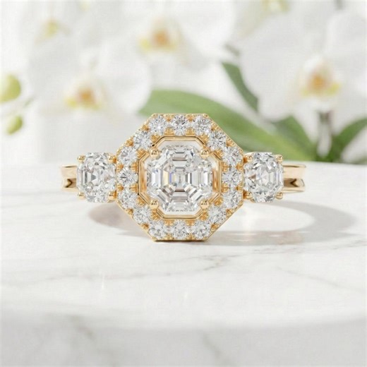 Asscher Cut Lab Diamond Engagement Ring, 14K Yellow Gold Art Deco Halo Ring - Etsy