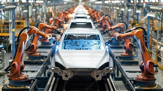 3d car factory concept automated robot arm assembly line for eco friendly electric vehicles