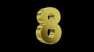 Number 8 on transparent background in gold, with looping animation, 3d render, prores 4444