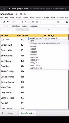 Create Progress Bar in Cell in Google Sheets | REPT Function | CHAR Function (Google Sheets) #shorts