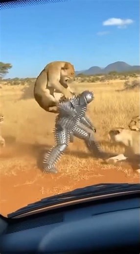 Lions attack a man wearing spiked armor! #funnyanimals #lions#safari#shorts