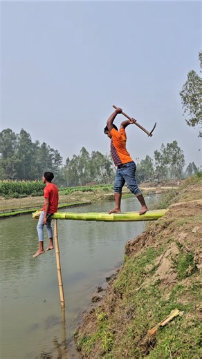 The boy ran and cut down the banana tree.