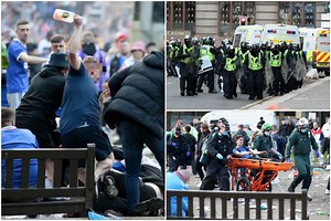 Fighting breaks out among Rangers fans as riot police move into George Square