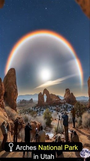 This circular arc isn’t a normal rainbow — it’s a lunar halo, formed as moonlight passes through countless hexagonal ice crystals floating in high-altitude clouds. Each crystal bends the light at a fixed angle, creating a perfect 22° ring around the Moon. What makes this scene especially uncommon is the clear, stable atmosphere, which allowed the halo to appear crisp, bright, and nearly symmetrical over the desert terrain. | AstroNature