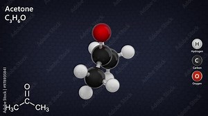 Acetone molecule C3H6O, with a color code. Acetone is a colorless liquid with smell, flammable and dissolves in water. It is used as a raw material for the synthesis of important chemical products.