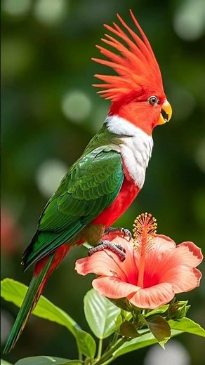 🔥 King of Colors: Spectacular Red-crested Parrot Perched on a Hibiscus Flower