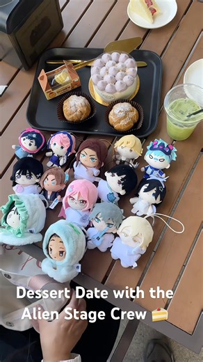 I brought the whole Alien Stage squad to dessert. #AlienStage #plushies #Collectibles #OtakuPop