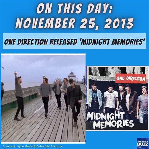 #OnThisDay 11 years ago: #OneDirection released their third third studio album, #MidnightMemories. It was the fastest-selling album on Amazon in U.K. history, breaking the record set by their previous release, 'Take Me Home' (2012.) It also debuted at #1 on the Billboard 200, making them the first group to have their first three albums debut atop the U.S. album chart. Despite being released just five weeks before the end of the year, ‘Midnight Memories’ became the best-selling album of 2013 glob