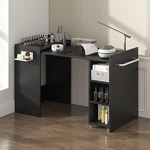 Foldable Manicure Table Nail Desk, Expandable Nail Tech Table with Storage Fabric Drawer & Adjustable Shelves, Wall Mount Nail Station Modern Multipurpose Table for Home Office Beauty Spa Salon, Black