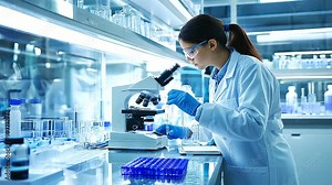 A modern pharmaceutical lab with a technologist working at a microscope