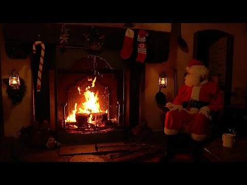 Santa Claus Sitting and Relaxing at the Crackling Christmas Fireplace Scene in His Holiday Cabin