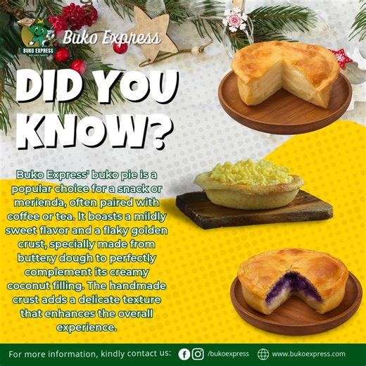 🎄✨ CHRISTMAS TRIVIA! Did you know that Buko Pie has become a Filipino Christmas staple? Its creamy filling and fresh coconut flavor make it the perfect treat for Noche Buena and reunions! 🥧❤️ Share the holiday sweetness with Buko Express! 🎁🥥 | Buko Express