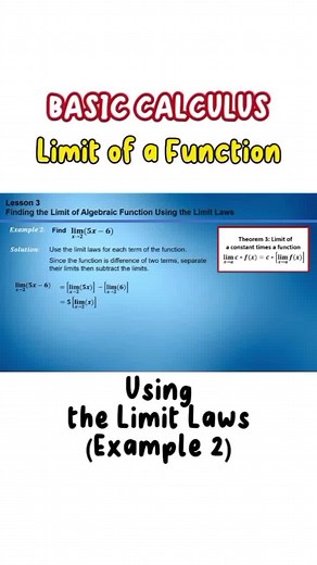 Basic Calculus: ✅ Limit of a Function ✅ Finding the Limit of a Function Using the Limit Laws ✅ Example 2 #calculus #basiccalculus #shs #grade11 #seniorhighschool #grade11mathematics #stem #stemstudents #stemstrand #limits #limitofafunction #math #maths #mathematics #11thgrade #11grademaths #11thgrademathematics Like, Share, and Follow my social media accounts! Thanks! FB: The Math Den https://www.facebook.com/themathden Tiktok: tmd https://www.tiktok.com/@tmdmath