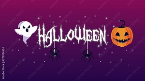 happy halloween animation with ghost and pumpkin in lettering
