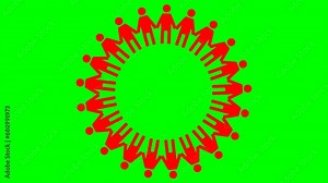 Animated red circle of people turns around. Symbols of people are holding hands. Concept of social, teamwork, connection, communication, society. Looped video. Vector illustration