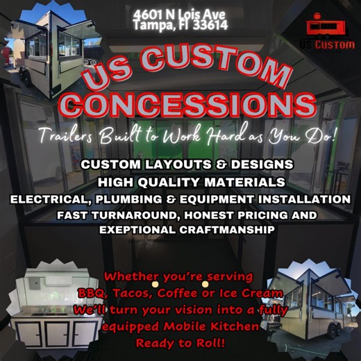 🚚 Custom Concession Trailers Built to Work as Hard as You Do! Looking to start your food truck or upgrade your mobile business? At Us Custom Concessions, we specialize in custom-built concession trailers designed for performance, durability, and style. ✅ Custom Layouts & Designs – Tailored to your menu and workflow ✅ High-Quality Materials – Built to meet health and safety standards ✅ Electrical, Plumbing & Equipment Installation ✅ Fast Turnaround, Honest Pricing, and Exceptional Craftsmanship 