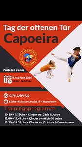 Tag der offenen Tür Capoeira in Mannheim 🗓 Am Samstag 08. Februar 2025 .... Capoeira Trainingsprogramm ‼️ 🕥 10:30 - 11:15 Uhr 👉 Kinder von 3 bis 6 Jahre 🕛 12:00 - 12:45 Uhr 👉 Kinder von 6 bis 10 Jahre 🕜 13:30 - 14:30 Uhr 👉 Kinder ab 10 Jahre & Erwachsene Was ist Capoeira ❓️❓️ ✔️ Selbstverteidigung ✔️ Koordination ✔️ Gemeinschaft ✔️ Musikalität ✔️ Akrobatik ✔️ Kampfkunst ‼️ Bitte, per WhatsApp kostenlos anmelden‼️ ☎️ 017622696722 📍Campus68 Käthe-Kollwitz-Straße 15 68169 - Mannheim #capoei