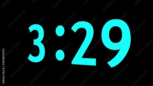 Digital countdown timer animation with changing minute and second values. Numeric time display for short duration and fast action moment. Countdown clock element for event start and timing use.