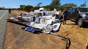 Caravan destroyed in road train accident
