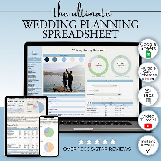 Wedding Planning Spreadsheet - Google Sheets Template | Budget Tracker, Checklist, Seating Chart, Timeline, Tips | Blue Digital Planner - Etsy