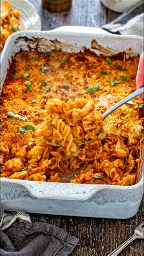 Crispy Baked Chicken Pasta Casserole | Easy Cheesy Rotini Bake