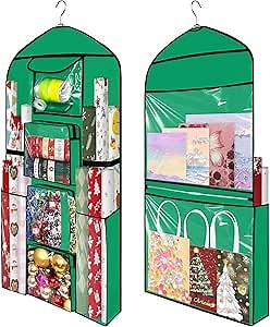 Hanging Gift Wrapping Paper Organizer Storage 48x24 Inch Double-Sided Over The Door Christmas Wrapping Storage Containers Gift Wrapping Organizer Present Paper Craft Roll Holder for Closet Door（Green）