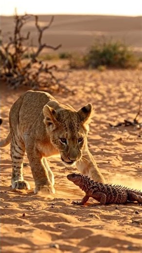 A Brave Little King Lion Cub Meets a Lizard