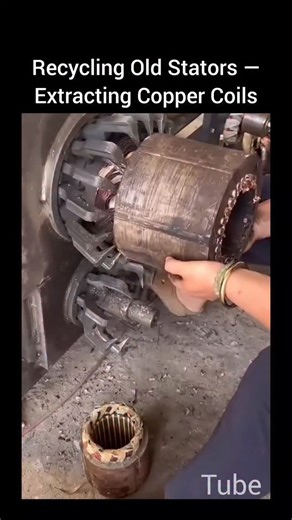 Engineering Tube on Instagram: "♻️ Recycling Old Stators — Extracting Copper Coils This process focuses on recycling old electric motor stators by extracting the copper windings locked inside the steel core. Using specialized tools and controlled force, the copper coils are separated efficiently without unnecessary damage to the remaining materials. Recovering copper from stators is a key step in metal recycling, reducing waste and returning valuable material back into production. Precision duri