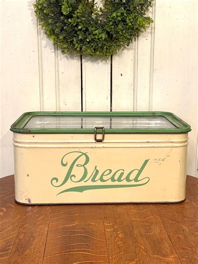 Vintage Metal Bread Box | Cream & Green with Glass Lid | Farmhouse Kitchen Decor | 1940s-50s