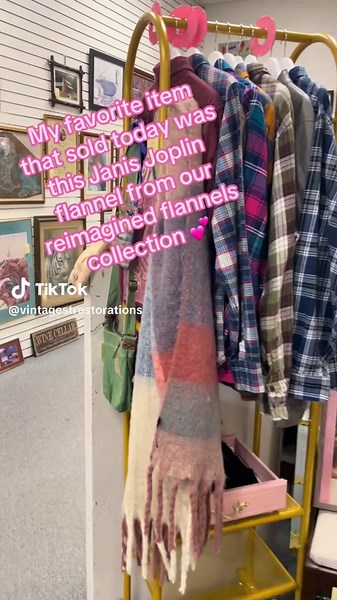 My favorite sale of the day! 💕 This Janis Joplin reimagined flannel found her forever home today at Ohio Valley Antique Mall. One of my absolute favorites in this batch — I knew she wouldn’t last long. 🎤✨ #VintageBooth #UpcycledFashion #ThriftFlip #AntiqueMallFinds #JanisJoplin