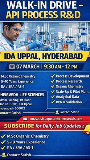Walk-In Interview 7th March 2026 | API Process R&D | Chemveda Life Sciences Hyderabad #jobshorts