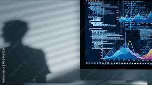 Shadow of Man and Computer Screen with Programming Code and Data Analytics Graphs Stock Video