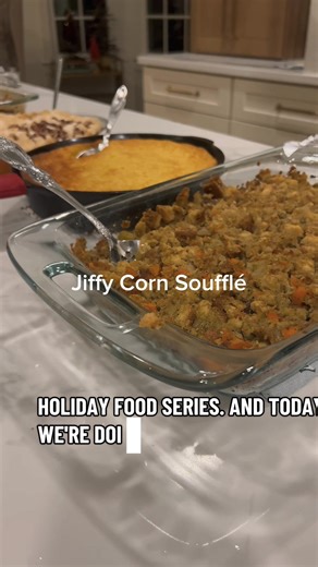 Holiday food series Jiffy Corn soufflé. This is one of my all time favorites. It’s a combination of corn bread with corn pudding. Crisp edges and buttery flavor. Yes please! 1 box Jiffy Corn Muffin Mix (8.5 oz.) ▢ 1/2 cup melted butter ▢ 8 oz. sour cream ▢ 1 15.25 oz. can of regular kernel corn (drained) ▢ 1 15.25 oz. can of creamed corn ▢ 2 large eggs. Put in 8x8 dish and bake on 350 for 40 min.