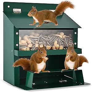 Squirrel Feeders for Outside, Metal Squirrel Feeder with Flip Lid, Large Transparent Bin, Outdoor Hanging Squirrel Feeder for Squirrel, Chipmunks, Wildlife, Great Gift for Mom & Nature Lovers