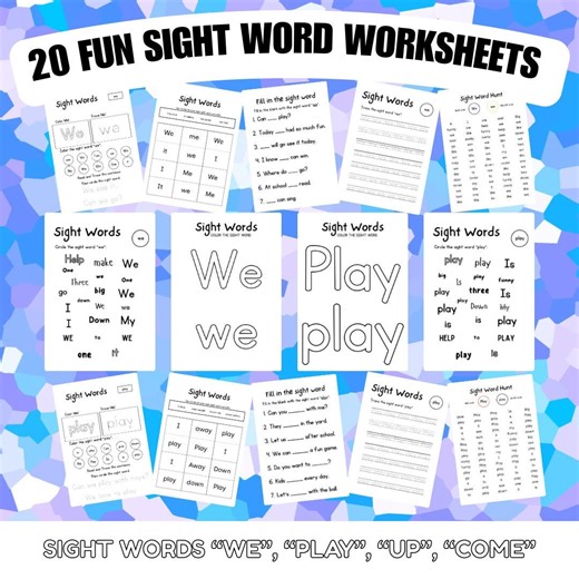 40 Fun Activity Worksheets for the Sight Words "we, Play, Up, Come" - Etsy