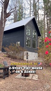 What do you think of this beautiful 2-story tiny house on 6 acres with a pond? This was one of my favorite weekend stays in North Carolina! This "Barn" tiny house is located on a beautiful, secluded property just outside of Asheville & features wonderful outdoor living areas in the front & backyard of the home. Inside, there is a spacious first floor, featuring a combined living & bedroom area with huge windows overlooking the pond, a small kitchen with the basics, a small folding table, a desk 