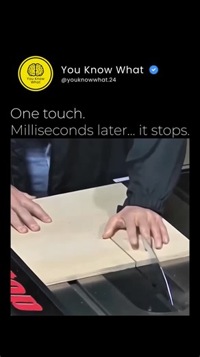 YouKnowWhat on Instagram: "This isn’t just a table saw, it’s a safety system that thinks faster than you do. SawStop works by running a tiny electrical signal through the blade. The moment something conductive, like human skin, touches it, the system detects the change instantly. ⏱️ In just milliseconds: • an aluminum brake slams into the blade • the blade stops completely • and drops below the table Instead of losing a finger, you get a heart attack and a story. The famous hotdog test exists be