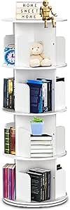 White 4-Tier Rotating Bookshelf Tower, 360-Degree Display Spinning Bookcase for Kids & Adults, Modern Round Corner Bookcase for Small Spaces, Bedroom, Living Room, Study Room