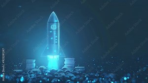 video of Digital rocket, coins, and graph chart. Abstract growing diagrams alongside a pile of dollar coins. Spaceship boosts the statistical candle