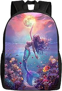 Mermaid School Backpack Beautiful Mermaid Tough Moon Bookbag for Teens Kids Boys Girls,Elementary Junior High University School Bag, Water Resistant Casual Travel Daypack, Large 17 inch