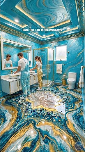 Amazing Golden Turquoise Luxury Epoxy Floor Bathroom Renovation! 🩵💛 #epoxy #epoxyfloor