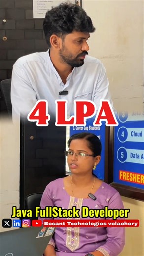 Besant Technologies Velachery on Instagram: "🌟 Celebrating Success at Besant Technologies Velachery! 🌟 We are proud to share the incredible journey of Divya Bharathi, B.Tech (IT) – 2025, who has successfully secured a career as a Java Developer with an impressive 4 LPA package! 🎉 Her determination, consistent effort, and advanced learning from Besant Technologies Velachery paved the way to this well-deserved achievement. 🚀 Divya Bharathi enrolled in our Full Stack Development Course, offered