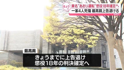 東名高速あおり運転一家4人死傷事故 懲役18年の判決確定へ 危険運転致死傷罪などに問われた男（34）の上告退ける決定 最高裁
