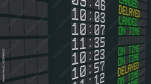 Delayed flight airport table sign, international arrivals schedule delay time