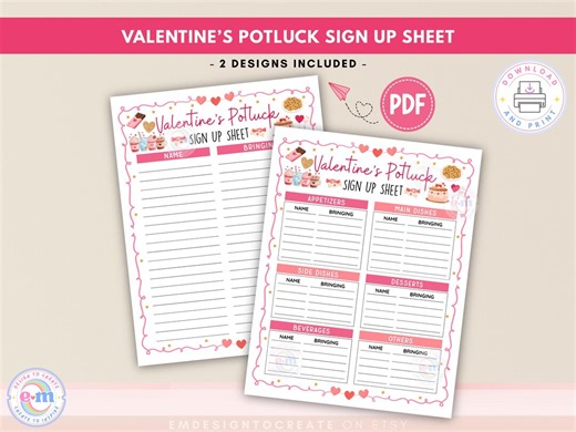 Valentine’s Day Potluck Sign up Sheet Printable | Potluck Signup Form Food List Planner School, Office, Staff & Galentine Party, Digital PDF - Etsy